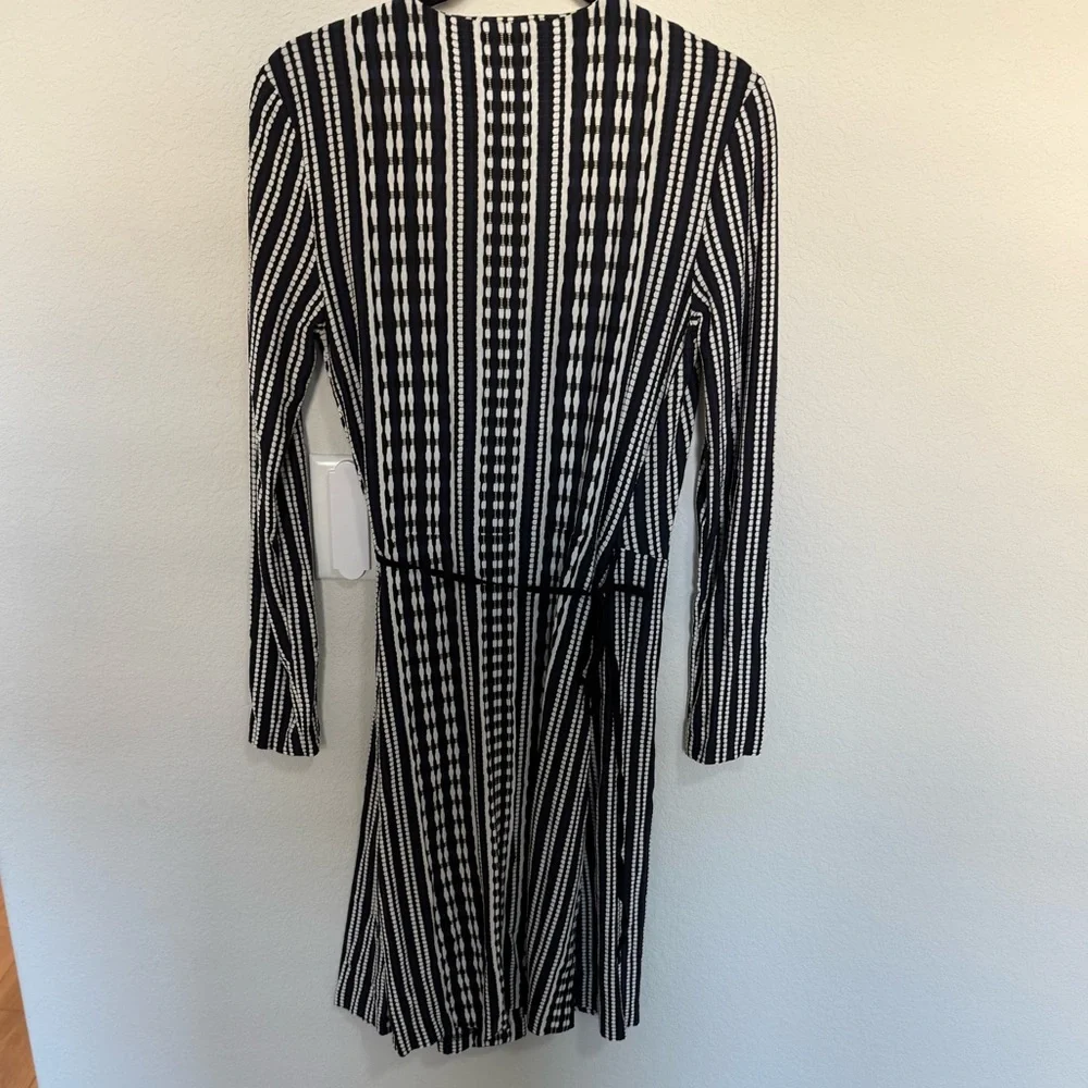 Tory Burch Navy Blue Oxford Stripe Long-Sleeve Jacquard Wrap Dress Size Small